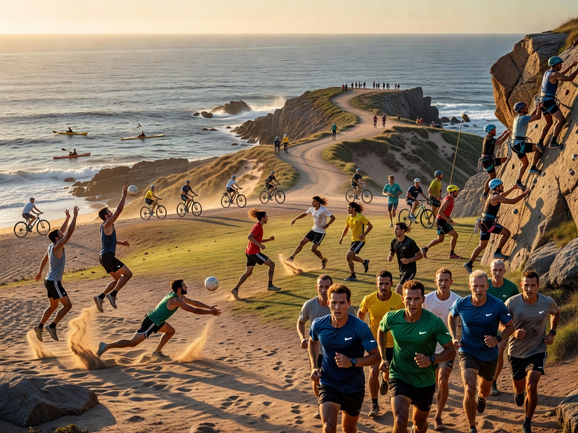 Athletes taking part in varied outdoor sports near the coast