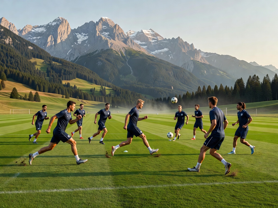 Athletes training on a European football pitch beside a mountain landscape