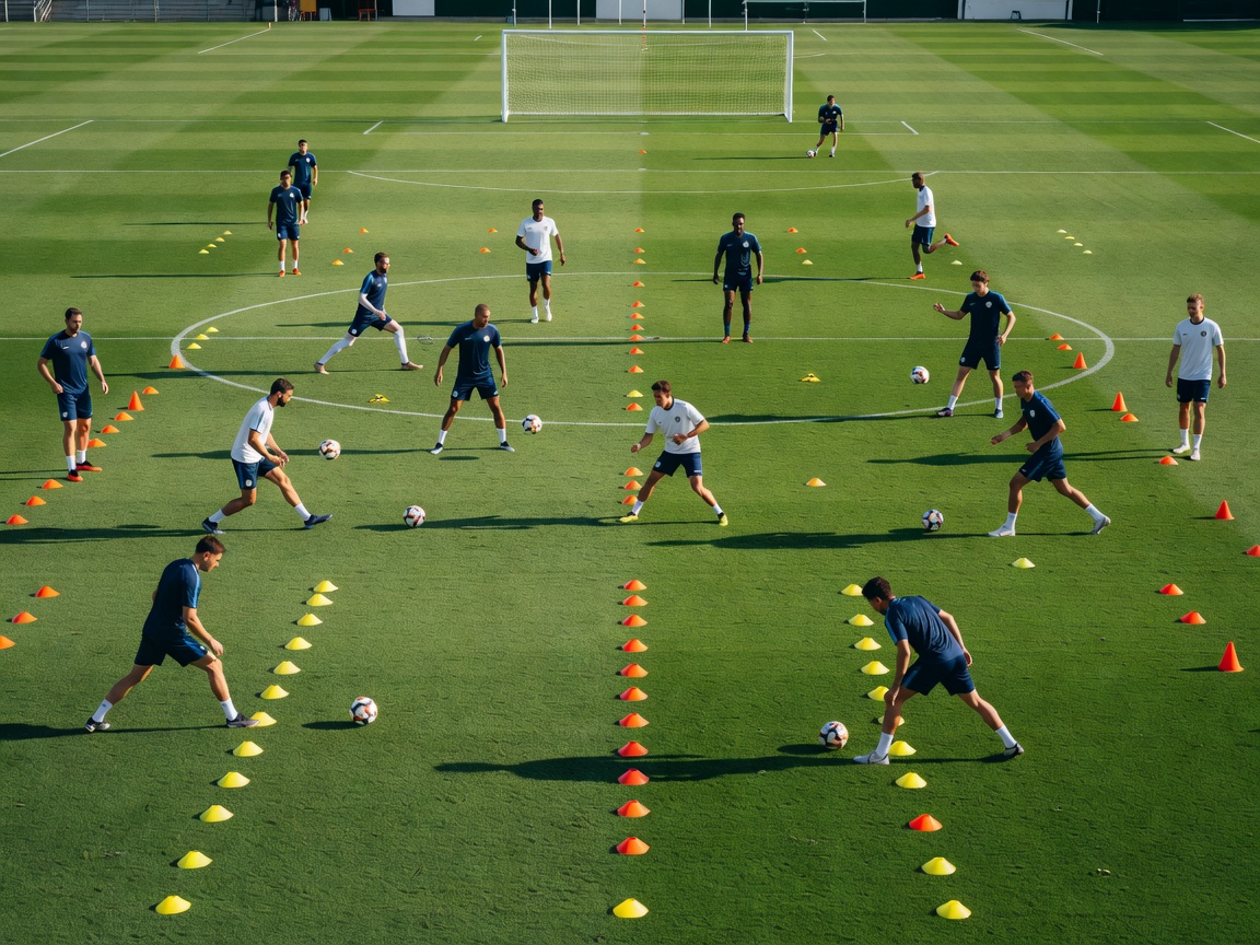 Football training pitch with cones and players preparing for a session
