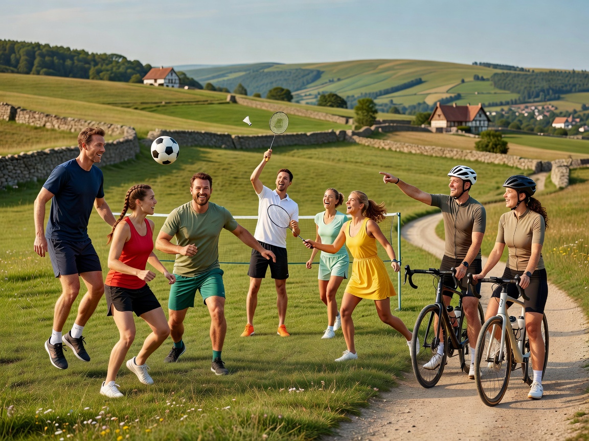 Mixed group enjoying outdoor sports in a European countryside setting