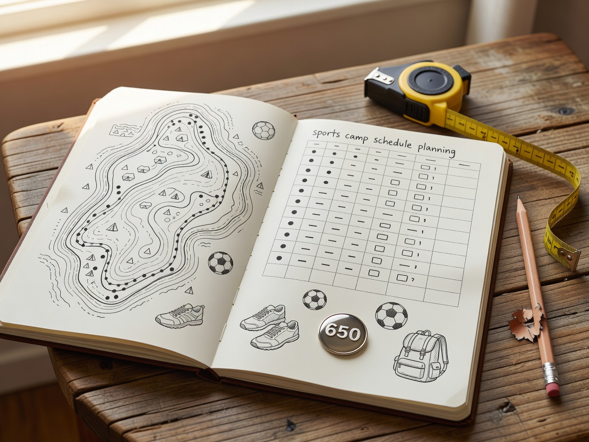 Open notebook with route map and sports camp schedule planning