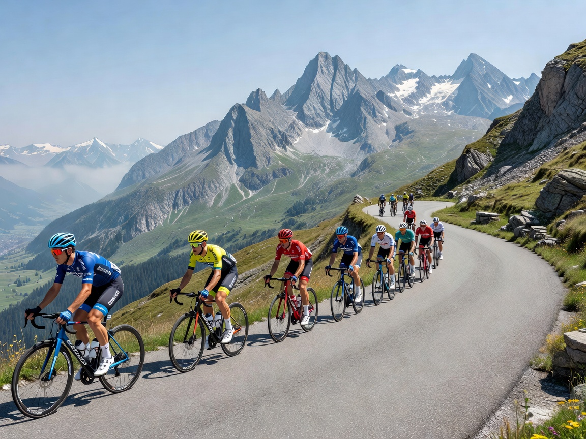 Road cyclists following a scenic European mountain route