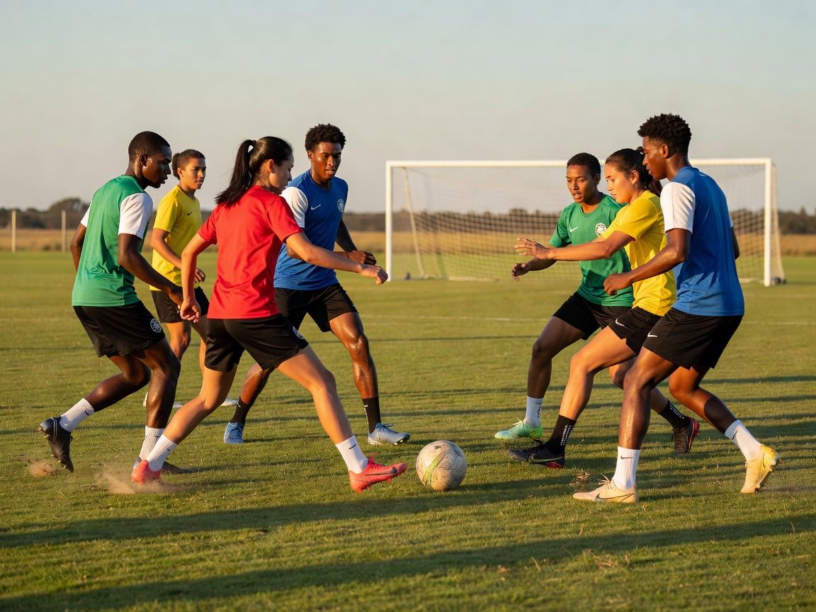Small group football training session on an outdoor pitch