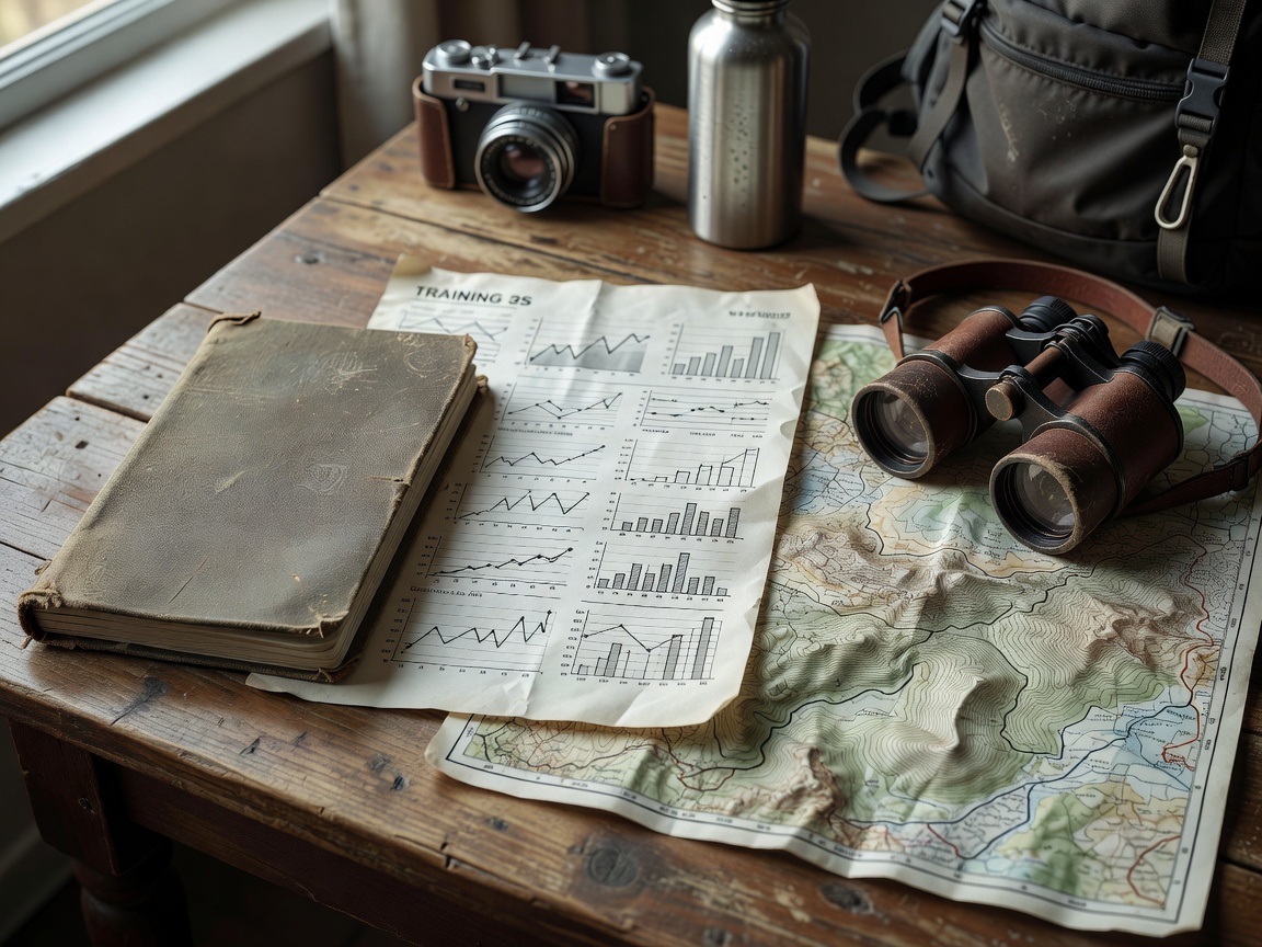 Sports travel notebook beside a training schedule and map